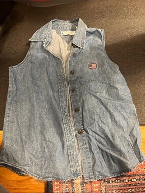 Denim button up tank top with American flag logo